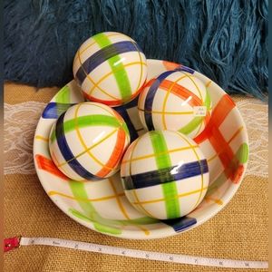 Rare Vintage Italian ceramic hand painted bowl w/ 4 matching spheres-multi color